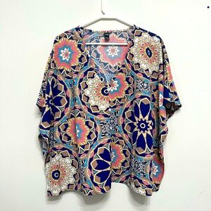 S.L. Fashions Blue and Pink Short Sleeve Blouse